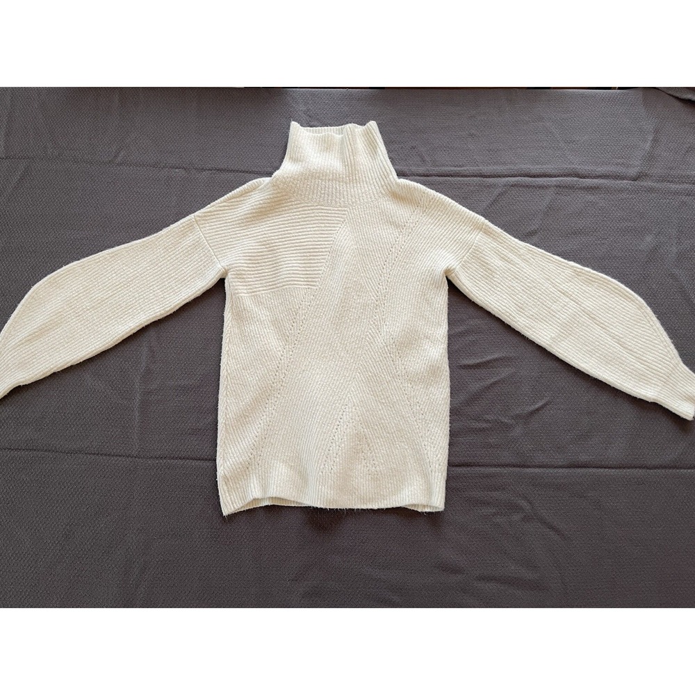 Trouve Women's Funnel‎ Neck Ribbed Knit Sweater White Balloon Sleeve XS